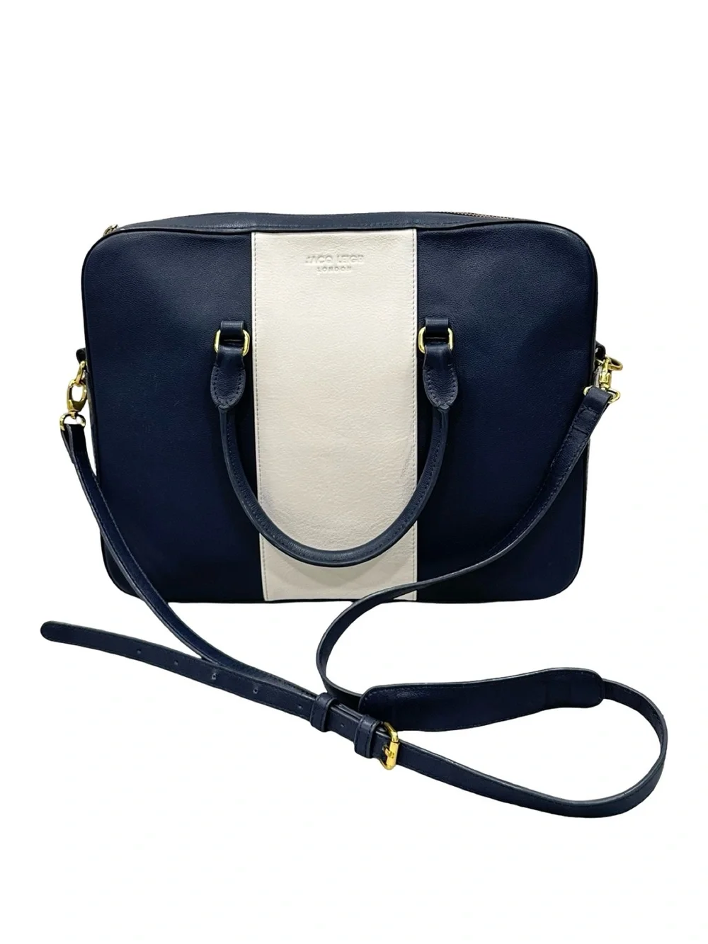 Jacq Leigh London Navy White Leather Satchel Crossbody Bag Gold Hardware Laptop